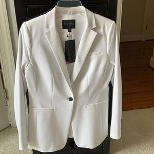 Banana Republic white jacket with WHBM pink rose chiffon blouse